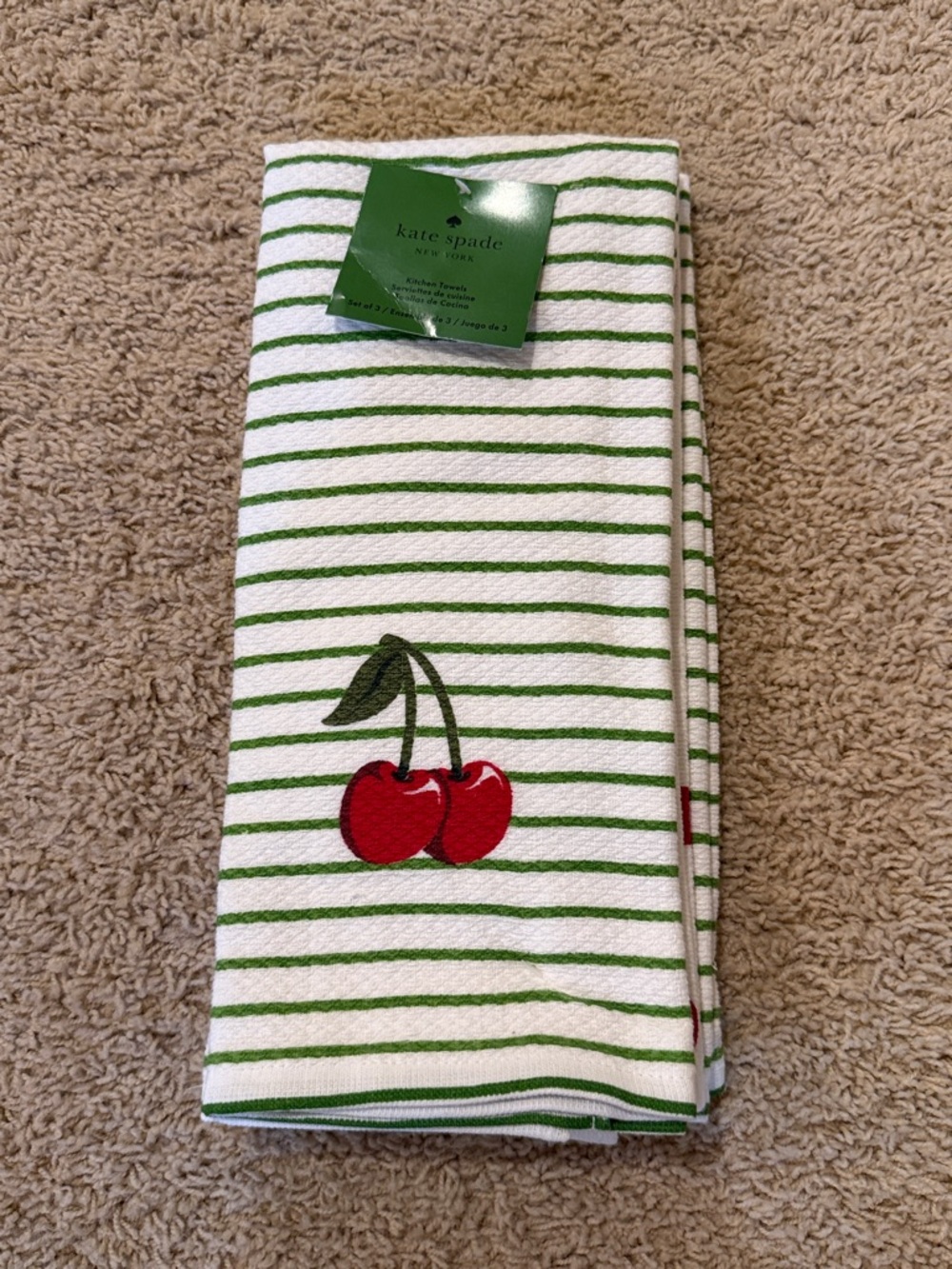 kate spade White and Green Stripe Cherry & White with Red Polka Dots Towels